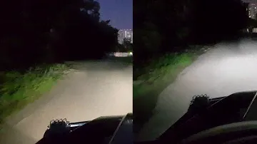 Сравнение фар. Слева ксенон в линзованных фарах, справа LED в галогеновых фарах.
